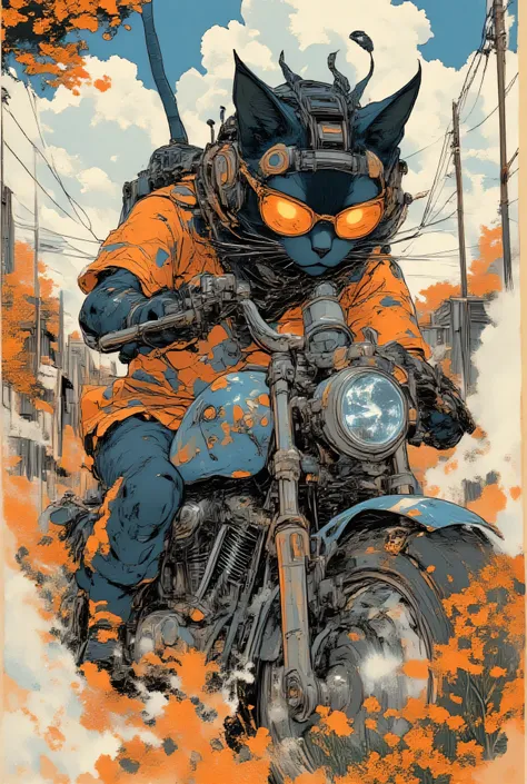 hkgod 、ArsMJStyle, Zen Ink Wash Sumi-e, Cat monster driving a motorcycle、cat monster wearing sunglasses and a Hawaiian shirt、Cat monster driving with one hand holding the steering wheel of a、ultra high definition、Greatest Masterpiece、芸術的なColor Changes、Co...