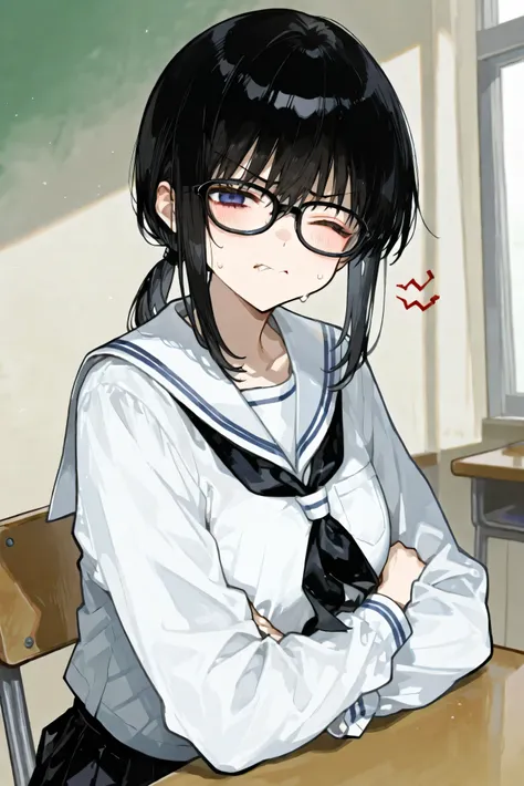 elementary school teacher　wise　Black glasses　ponytail　one eye closed　I'm angry because my cheeks are puffed　I'm crossing my arms under my breast