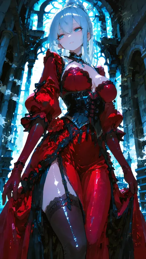 masterpiece、8K、A beautiful woman with a sophisticated silver ponytail tied high、that exudes timeless elegance。 she says 肘まで届くような豪華な深い(burgundy-colored velvet gloves)Wearing。Her gaze is full of confidence、Suggesting inner strength。 she says 、intricate detai...