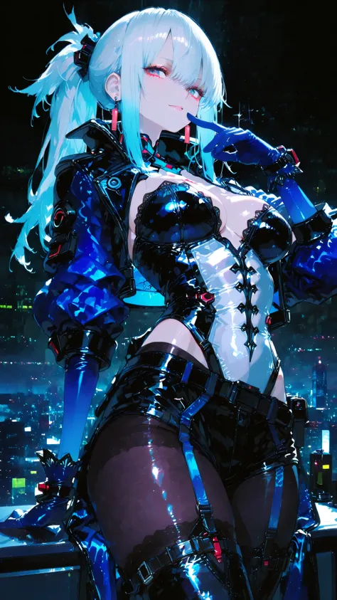 masterpiece、8K、Cyberpunk Night image、A beautiful woman with a sophisticated silver ponytail tied high、have a brilliant pose full of confidence。 she says (Midnight blue velvet gloves)with many、those gloves are sophisticated and highlight her strength。Her ga...