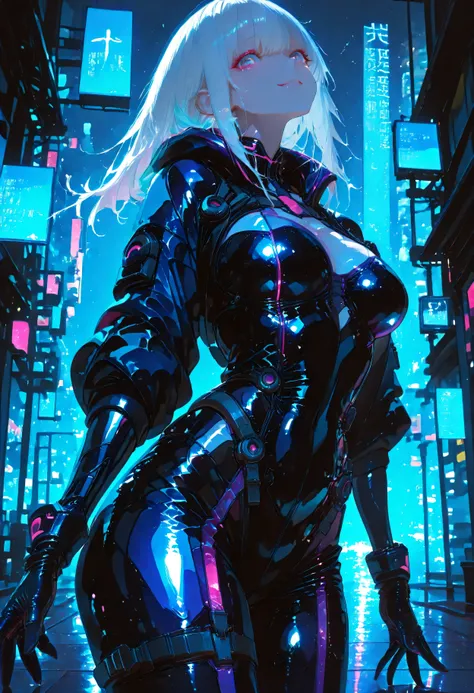 masterpiece、8K、**and has futuristic defense**Cyberpunk Future Night。takes a dynamic and graceful pose、**waving a hologram blade、night view of a cyberpunk city where neon is violently reflected、Intense Action Poses**angle of view that weighs approximately 5...