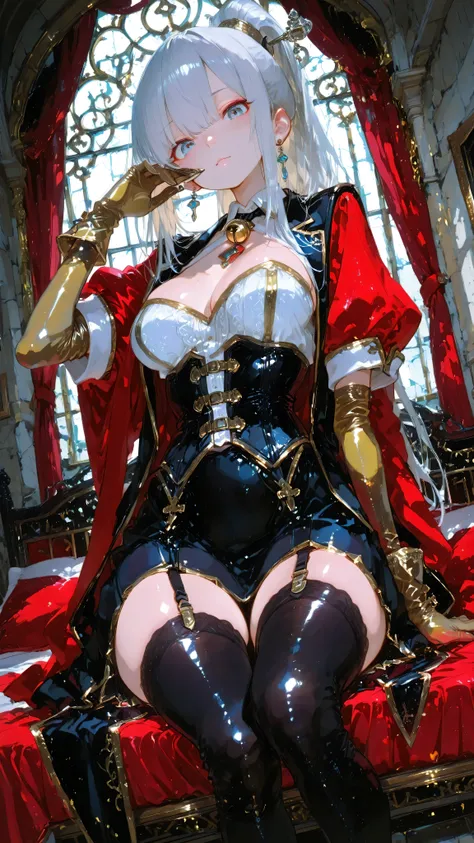 masterpiece、8K、A beautiful woman with a sophisticated silver ponytail tied high、**makes you feel the glamor and tension of her social debut、hits like a spotlight**angle of view that weighs approximately 52。社交界の場in淑女のカーテシーのポーズをしている、Very impressive angle wit...