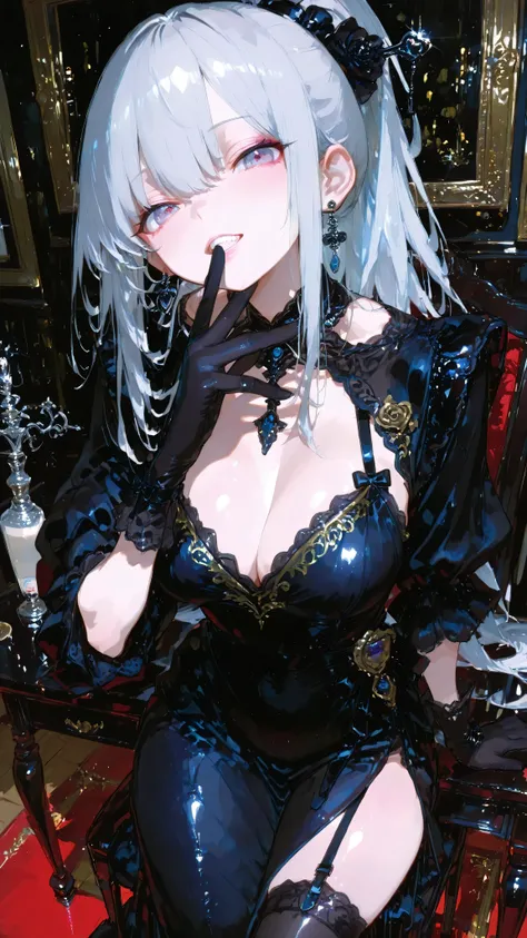masterpiece、8K、and a sophisticated silver-haired ponytail tied high、**highlights the luxurious texture of the**をandっている。彼女teeth**long and luxurious((near the bottom of the table))with many、その片方のOf gloves端を口で優雅に咥え、視線teeth挑発的にカメラに向けられている。** Of gloves**The pa...