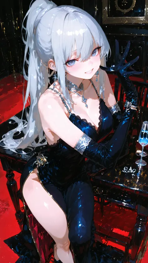 masterpiece、8K、A beautiful woman with a sophisticated silver ponytail tied high、** a very elegant and refined pose, **angle of view that weighs approximately 52。彼女teeth** a luxurious glove reaches down to the elbow on one arm, ((near the bottom of the tabl...