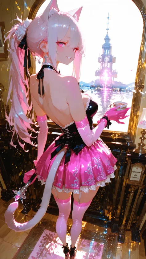 masterpiece、8K、sophisticated silver ponytail tied high and**Graceful Cat Ears**Dramatic moment where a beautiful woman holding a、**非常に優雅in洗練されたポーズ**angle of view that weighs approximately 52。彼女teeth**片方の腕に肘まin届く豪華な((soft and bright lighting illuminates her...