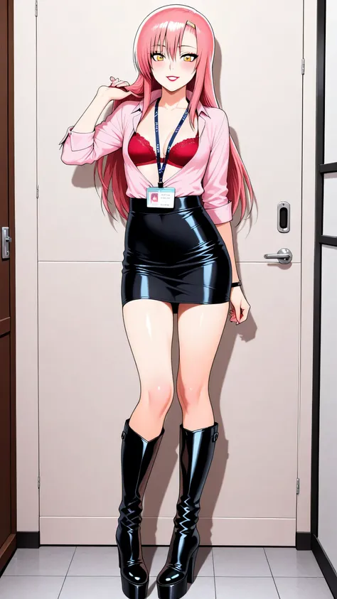 pink shirt, cleavage, red bra, underwear, lanyard, black skirt, pencil skirt, Katsura_Hinagiku, pink hair, long hair, Yellow green eyes, hairclip, small breasts,  1girl, solo,  black high heels BOOTS, thigh-high boots, 8 inch heels,  platform boots, red li...