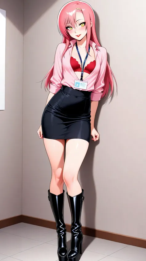 pink shirt, cleavage, red bra, underwear, lanyard, black skirt, pencil skirt, Katsura_Hinagiku, pink hair, long hair, Yellow green eyes, hairclip, small breasts,  1girl, solo,  black high heels BOOTS, thigh-high boots, 8 inch heels,  platform boots, red li...