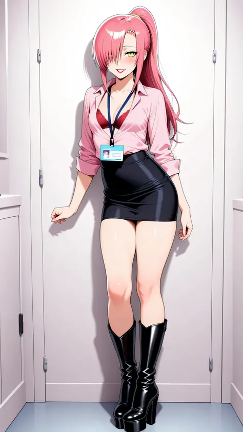 pink shirt, cleavage, red bra, underwear, lanyard, black skirt, pencil skirt, Katsura_Hinagiku, pink hair, long hair, Yellow green eyes, hairclip, small breasts,  1girl, solo,  long hair, ponytail, hair over one eye,  red hairclip,  black high heels BOOTS,...