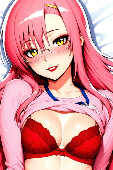 pink shirt, cleavage, red bra, underwear, lanyard,  Katsura_Hinagiku, pink hair, long hair, Yellow green eyes, hairclip, small breasts,  1girl, solo,  red lipstick, eyelashes, makeup,  glossy lips, masterpiece, dakimakura, high resolution, blush,  looking ...