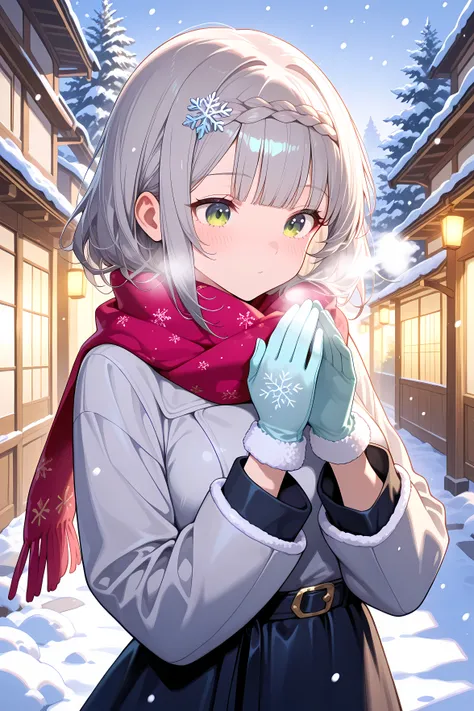 (1 girl), (solo), nlrnd, green eyes, grey hair, short hair, braid, blunt bangs, hair ornament, medium breasts, warm winter clothes, standing in softly falling snow, ((breathing on her velvet gloves to warm her hands)), cozy scarf wrapped around her neck, g...