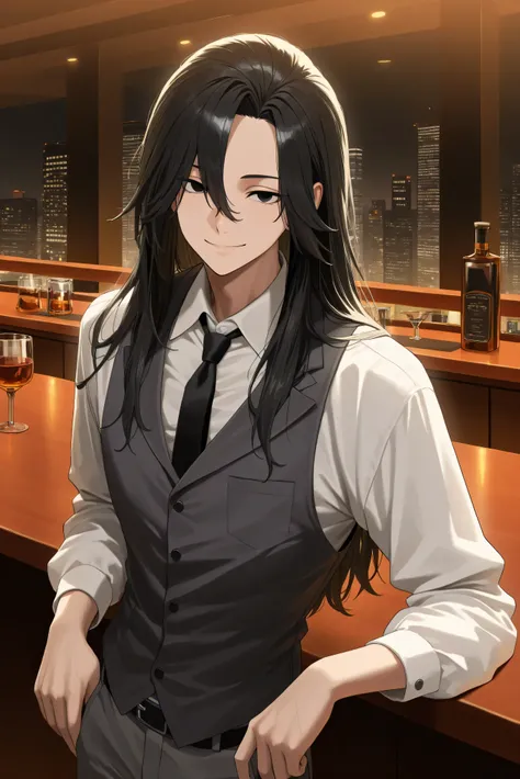 masterpiece, best quality, 1 guy, Sano Manjiro, fair skin, black eyes, black hair, Shoulder-length hair, smile, slim body, одежда bartenderа, white shirt, Black tie, long sleeves, dark grey tank top, dark grey pants, looks at the viewer, bartender, lounge ...