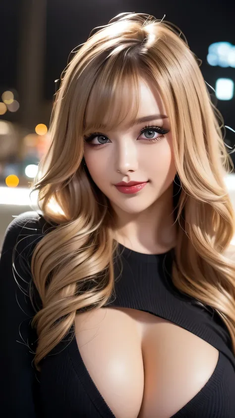 ( cowboy shooting、 top quality、8k、16k、 Award-winning works 、 super high resolution)、 beautiful woman、( black sweater , Sexy cleavage:1.1)、Perfect big breasts、( blonde alone :1.1)、 bright color contacts 、Perfect gal makeup、Bright glossy lipstick、...