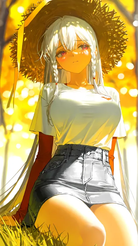 lian:1.3,white hair,(white sport shirt,pedals,mini skirt,yellow strips,straw hat),(long hair,Loose hair,hair down,double_braid sidelocks),(one women,single,one girl,solo,alone),(shy),(big breasts),highres,absurdres,incredibly absurdres,very awa,RAW quality...