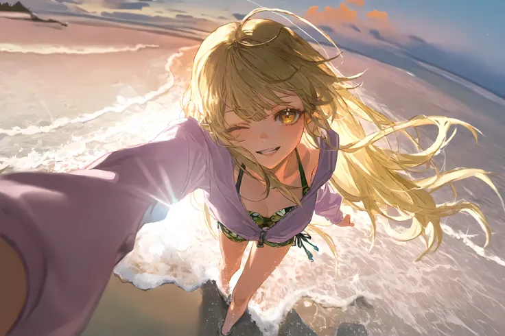 yoyi,(golden eyes,cream Ivory-color pupils,tareme,delicate eyebrows,Thin eyebrows,one eye closed),(lips ajar,parted lips,happy,joyful,innocent),(pure yellow hair,long hair),(halter top bikini:white,light-purple hoodie,cover hair),highres,absurdres,incredib...