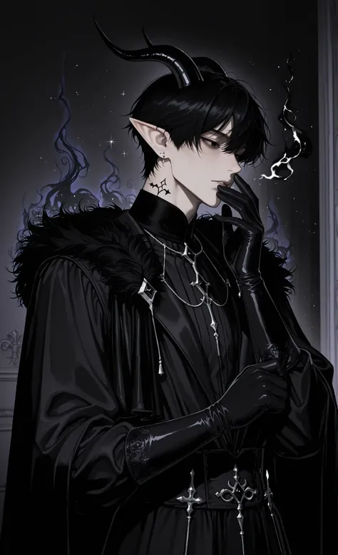 (masterpiece, best quality, ultra-detailed, absurdres), cinematic shot, atmospheric,
1male, male focus, solo, (masculine features:1.3), (sharp jawline), (male physique),
(mysterious aura), (jet-black hair), (piercing black eyes), (black dragon horns), (elf...