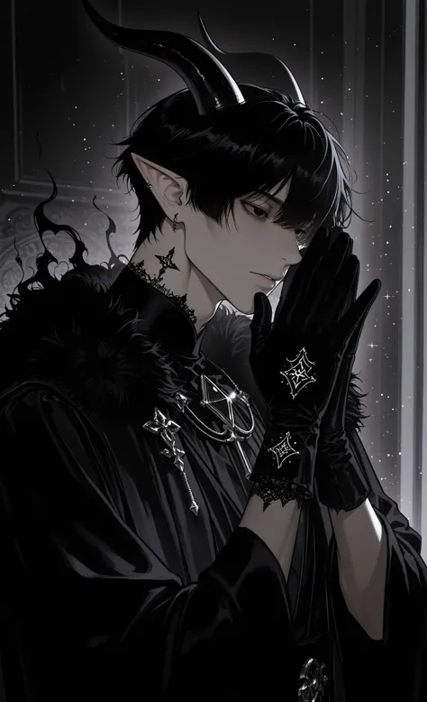 (masterpiece, best quality, ultra-detailed, absurdres), cinematic shot, atmospheric,
1male, male focus, solo, (masculine features:1.3), (sharp jawline), (male physique),
(mysterious aura), (jet-black hair), (piercing black eyes), (black dragon horns), (elf...