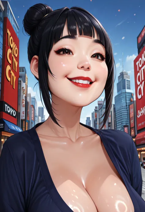 perfect face, feminine, (black hair high bun and bangs), black eyebrows, thin eyebrows, brown eyes, thin lips, red lips, collarbone, cleavage, dark blue shirt, (large breasts:1.2), ((tokyo city)), (female asian, asian face), (smile happy), (shiny skin)