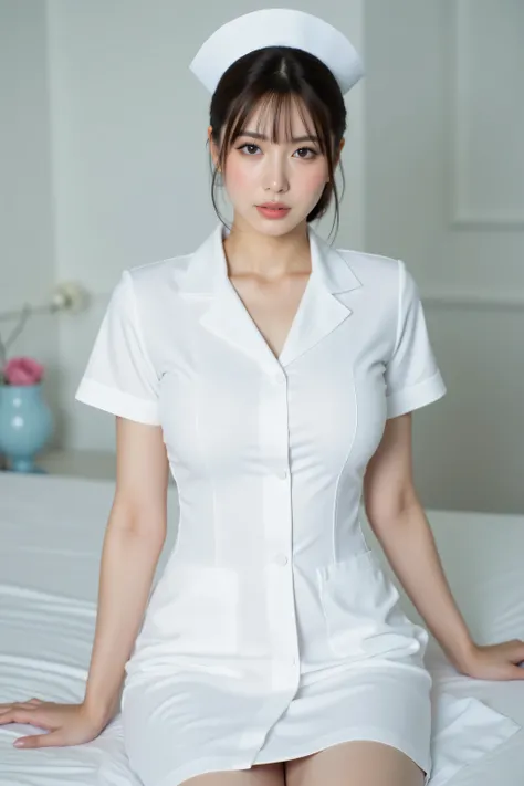 ( and above、 best masterpiece、 and above、 winning works )、beautiful woman、(1 nurse:1.1)、、(Short chignon showing forehead:1.1)、( The perfect white nurse coat mini dress :1.3)、(Boldly expose your thighs from a nurse coat dress:1.5)、 (perfect plain white nur...