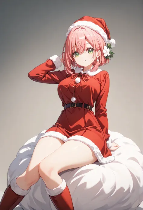 Christmas, 1girl, solo, red santa dress, santa hat,dress, looking at viewer, jewelry, red ribbon, bangs, earrings, boots, hakari hanazono, short hair, hair ornament, green eyes, pink hair, flower, hair flower, hair between eyes, sidelocks, large breasts, t...