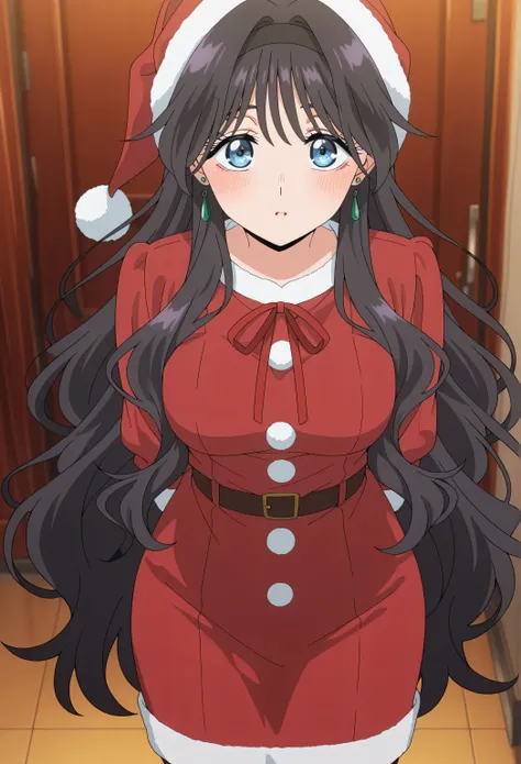 Christmas, 1girl, solo, red santa dress, santa hat,dress, looking at viewer, jewelry, red ribbon, bangs, earrings, boots, kaoruko waguri, long hair, blue eyes, black hair, very long hair, sidelocks, hairband, wavy hair, hair intakes, black hairband, mature...