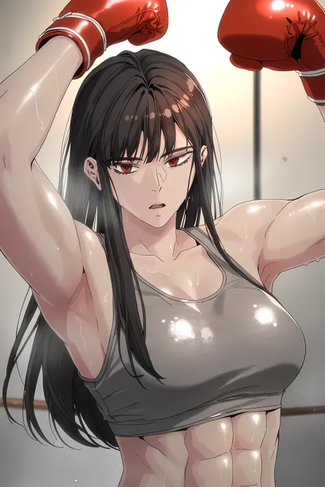 1girl, solo, young mature, ihwa, long hair, red eyes, black hair, ringed eyes, sidelocks, (ringed eyes:0.8), medium breast, toned female, abs, shiny body, sports bra, boxing gloves, sweating, showing armpits,sexy pose, looking at viewer, open mouth
