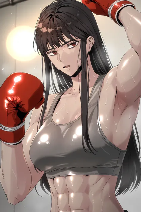 1girl, solo, young mature, ihwa, long hair, red eyes, black hair, ringed eyes, sidelocks, (ringed eyes:0.8), medium breast, toned female, abs, shiny body, sports bra, boxing gloves, sweating, showing armpits,sexy pose, looking at viewer, open mouth
