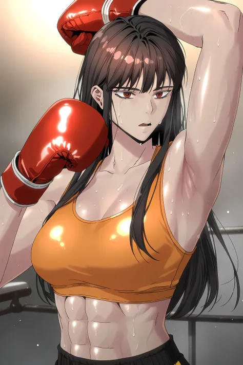 1girl, solo, young mature, ihwa, long hair, red eyes, black hair, ringed eyes, sidelocks, (ringed eyes:0.8), medium breast, toned female, abs, shiny body, sports bra, boxing gloves, sweating, showing armpits,sexy pose, looking at viewer, open mouth