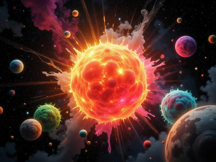 In this vivid and surreal image in the style of the James Webb Space Telescope and, the Hubble Telescope, a cosmic scene unfolds against a backdrop of deep blackness studded with a myriad of colorful celestial bodies and nebulae. Dominating the composition...