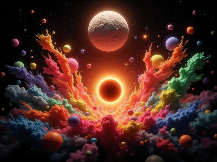 In this vivid and surreal image in the style of the James Webb Space Telescope and, the Hubble Telescope, a cosmic scene unfolds against a backdrop of deep blackness studded with a myriad of colorful celestial bodies and nebulae. Dominating the composition...