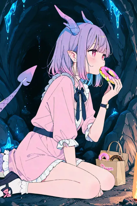 one girl、dragon horn、dragon tail、 is so lovely、eating a doughnut、Watch Here、above、from an oblique top、cave、high image quality、High Resolution、4K