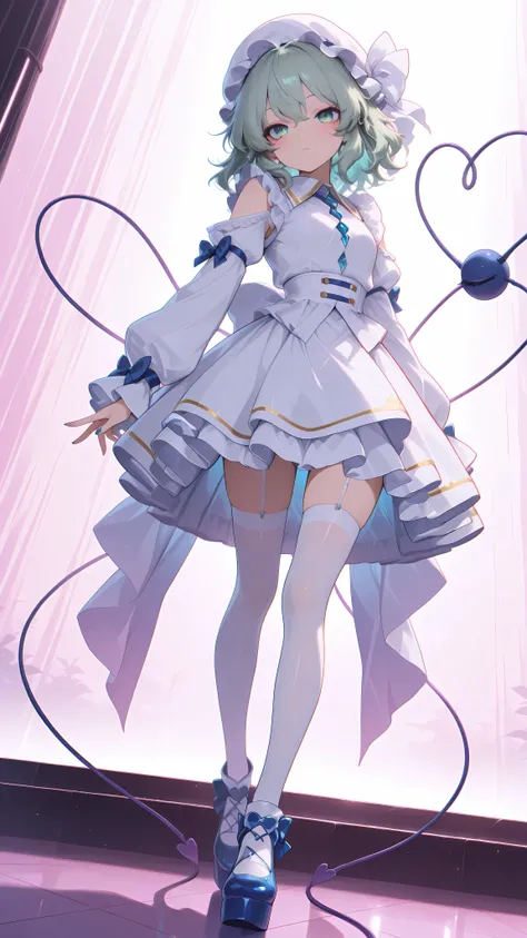 Komeiji Koishi from Touhou Project, expressionless, high quality, perfect photography, ultra-detailed, glitter eye makeup, long eyelashes, white stockings, glossy neon high platform shoes, energetic idol performance, playful pose