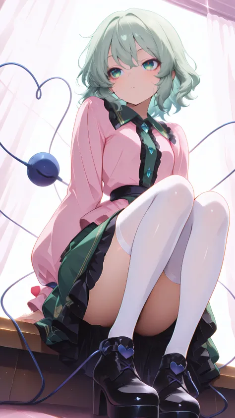 Komeiji Koishi from Touhou Project, expressionless, high quality, perfect photography, ultra-detailed, glitter eye makeup, long eyelashes, white stockings, glossy neon high platform shoes, energetic idol performance, playful pose