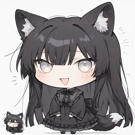1girl,solo,fox ear, flat chest1:6,flat chest,,beautiful face,long lashes,,hime cut black super long hair,princess cut black hair,,Blush。,Anime Style,male focus,from front, front view,shy, bashful,black fox tail with a white tip,black fox ear with a white t...