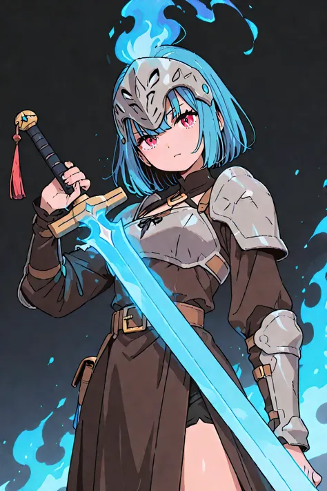 Female swordsman with a sword、Head armor that hides the eye area、Poke Your Sword 、 blue flame、Dutch angle、high image quality、High Resolution、4K