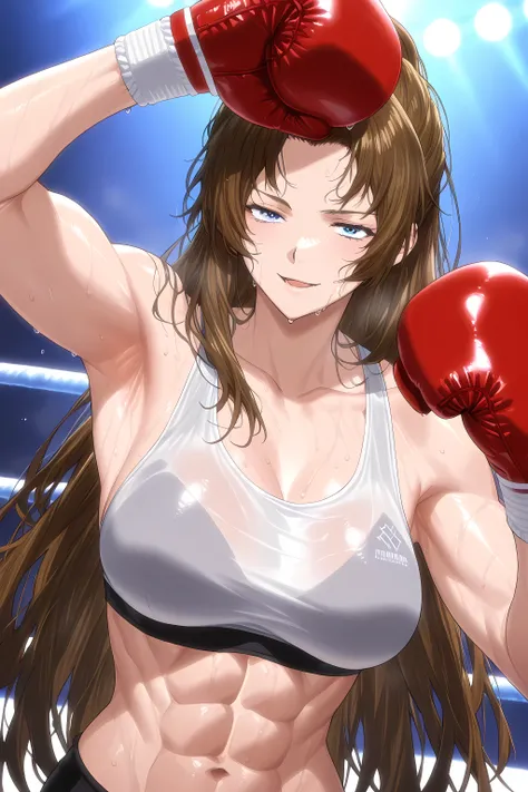 1girl, solo, young mature, RodionLimbus
long hair, brown hair, blue eyes, light smirk, medium breast, toned female, abs, shiny body, sports bra, boxing gloves, sweating, showing armpits,sexy pose, looking at viewer, open mouth