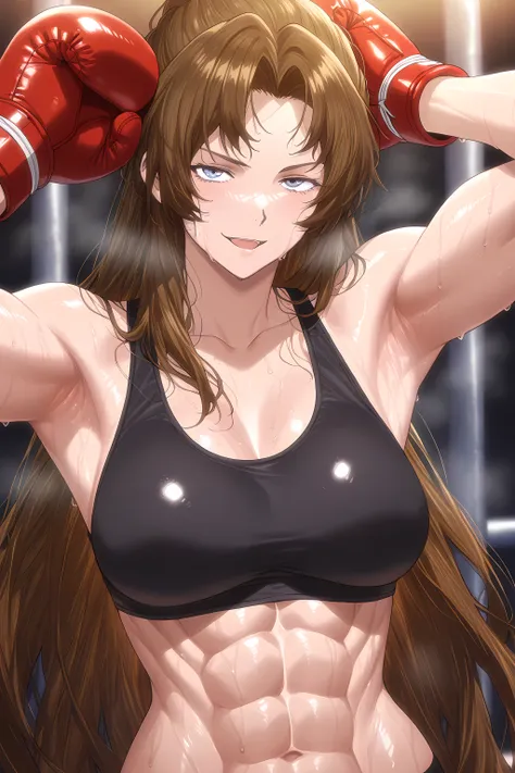 1girl, solo, young mature, RodionLimbus
long hair, brown hair, blue eyes, light smirk, medium breast, toned female, abs, shiny body, sports bra, boxing gloves, sweating, showing armpits,sexy pose, looking at viewer, open mouth