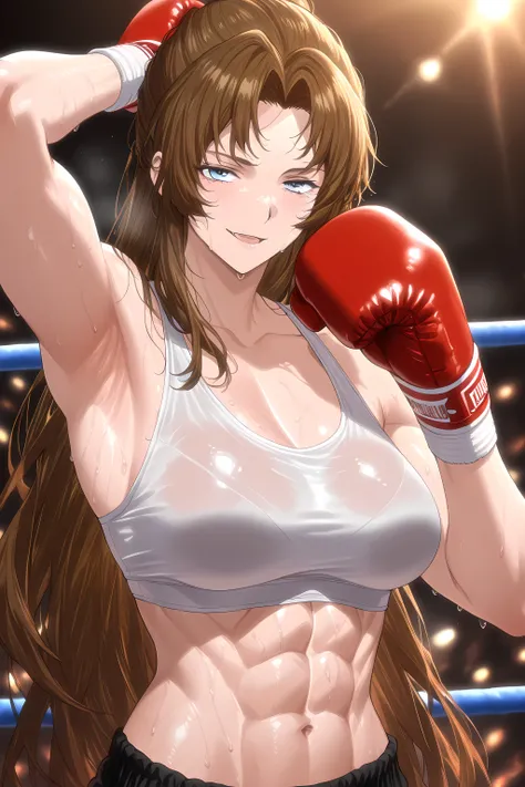 1girl, solo, young mature, RodionLimbus
long hair, brown hair, blue eyes, light smirk, medium breast, toned female, abs, shiny body, sports bra, boxing gloves, sweating, showing armpits,sexy pose, looking at viewer, open mouth