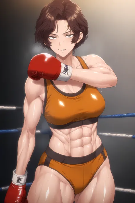 1girl, solo, young mature, AidaLimbus
short hair, brown hair, green eyes, naughty face, medium breast, toned female, abs, shiny body, sports bra, boxing gloves, sweating, looking at viewer,