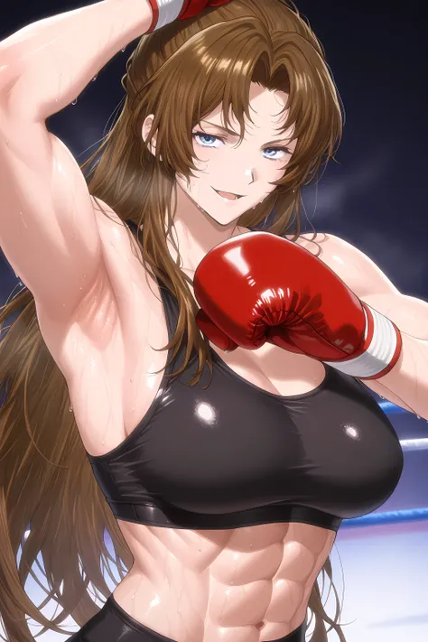 1girl, solo, young mature, RodionLimbus
long hair, brown hair, blue eyes, light smirk, medium breast, toned female, abs, shiny body, sports bra, boxing gloves, sweating, showing armpits,sexy pose, looking at viewer, open mouth