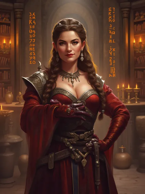 elegant female dwarf, wearing a luxurious velvet glove, Pathfinder fantasy style, finely braided hair, ornate jewelry, confident refined expression, velvet glove is deep-colored and richly textured, authority and quiet power, stands, high-fantasy setting, ...