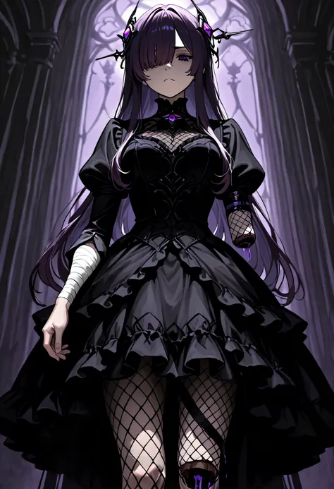 1girl, long hair, dark purple hair, bangs, sidelocks, purple pupils, hair over one eye, hair ornament, black dress, frilled dress, juliet sleeves, heterochromia, missing limb, amputee arm, frown, fishnets, solo, standing, Looking down, Bandaged arm