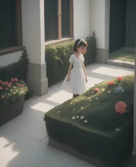 1 girl、maids,watch viewers,(skinny:1.46),(younger:1.32),from above,Leaning Forward,(big boobs:-0.19),is watering flowers outside the mansion,japanese,(Smile Yang:0.24),black lace stockings