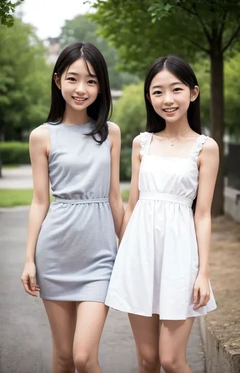 2 cute young girls,((Highest Quality)),It was taken in a park,((Photo Quality)),(Slim:1.5),(detail),small chest,narrow Shoulders,perfect face,tank dress,frill dress,(skinny:1.3),(smile:0.5)