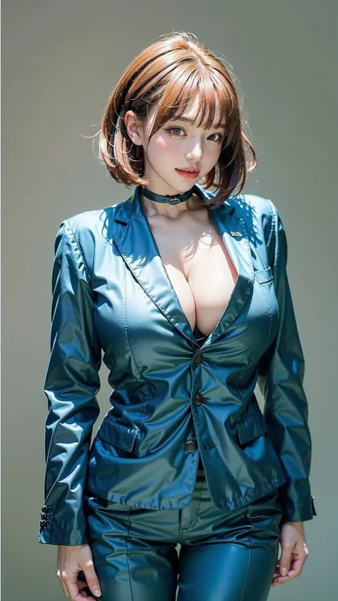 (master piece), RAW photo, ((extremly detailed)), high quality, best quality, ((solo girl)), beautiful, charm, brown eyes, ((red hair, bob cut hair with blunt bangs)), best lighting, mature, adult, ((muscular, perfect body)), facing away, oiled skin, reali...