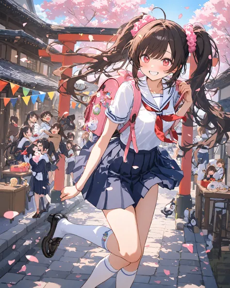 Bustling spring morning in a quaint Japanese suburban neighborhood, 16-year-old bubbly high school girl radiating infectious energy and youthful exuberance, her heart-shaped face glowing with a wide-open grin revealing perfect white teeth and subtle dimple...