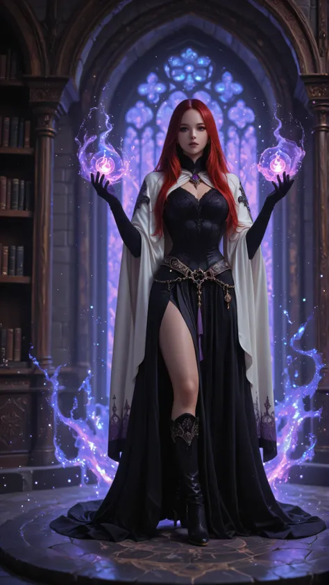 aidmaMJ6.1,Aesthetic_PDXL,,Cinematic Shot,Film Still,Movie Still, a sorceress casting a Glowing Purple spell in magical library , exquisite beautiful human woman , red hair, long hair, long black dress, white cloak, black velvet gloves, magic sigils on the...