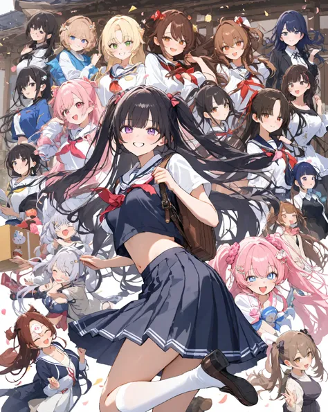 Bustling spring morning in a quaint Japanese suburban neighborhood, 16-year-old bubbly high school girl radiating infectious energy and youthful exuberance, her heart-shaped face glowing with a wide-open grin revealing perfect white teeth and subtle dimple...