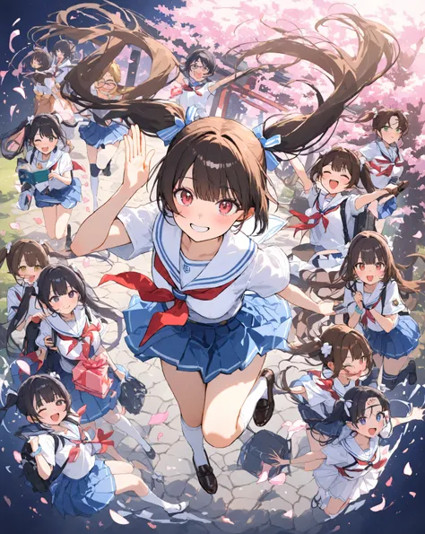 Bustling spring morning in a quaint Japanese suburban neighborhood, 16-year-old bubbly high school girl radiating infectious energy and youthful exuberance, her heart-shaped face glowing with a wide-open grin revealing perfect white teeth and subtle dimple...