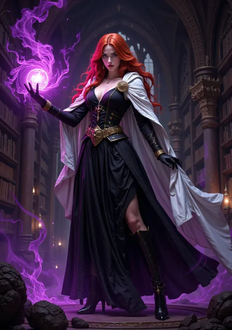 aidmaMJ6.1,Aesthetic_PDXL,,Cinematic Shot,Film Still,Movie Still, a sorceress casting a Glowing Purple spell in magical library , black velvet gloves, magic runes on the gloves exquisite beautiful human woman , red hair, long hair, long black dress, white ...