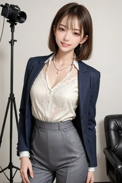 High Quality、Masterpiece、Photo shoot、40s Elegant Women、Tailored Navy Blazer、Silk Cream Blouse、High Waist Grey Wool Pants、Pearl Single Necklace、Elegant Styling、Sophisticated Atmosphere、confident expression、Soft natural light、classy background、Ultra High Def...